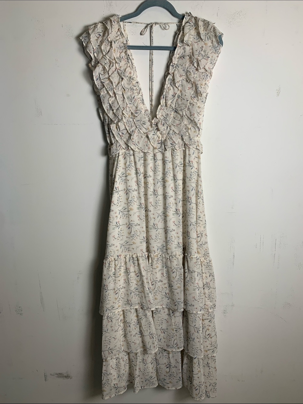 fab'rik Cream Floral Ruffle Tiered Maxi Dress with Deep V